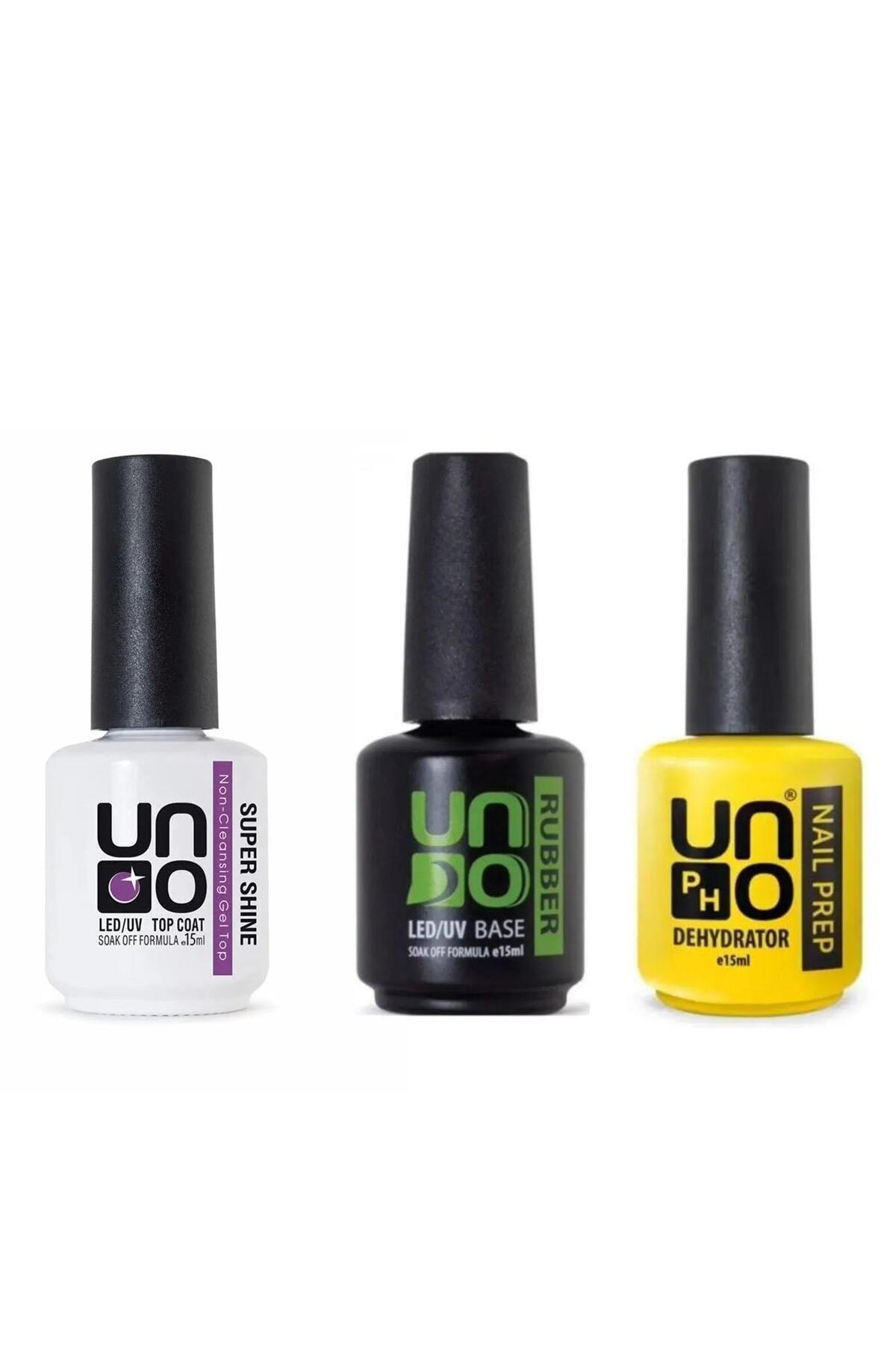 Kalıcı Oje Seti Uno NailPrep Dehydrator 15 ml+Rubber Base Gel 15ml+SuperShine Top Coat 15ml