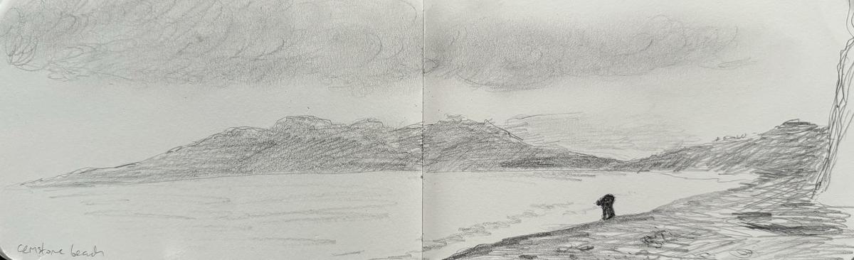 Do small sketch on Gemstone Beach, NZ