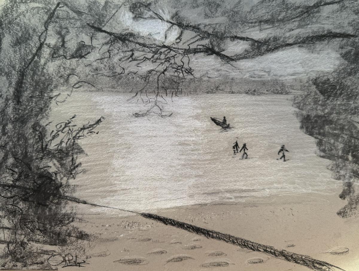 Do a landscape sketch of the beach at Gili Meno
