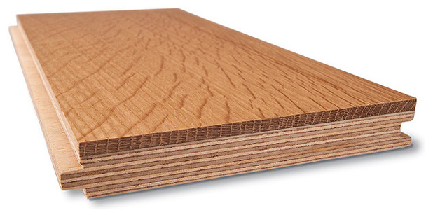Engineered wood flooring cross section showing multi-layer stability core