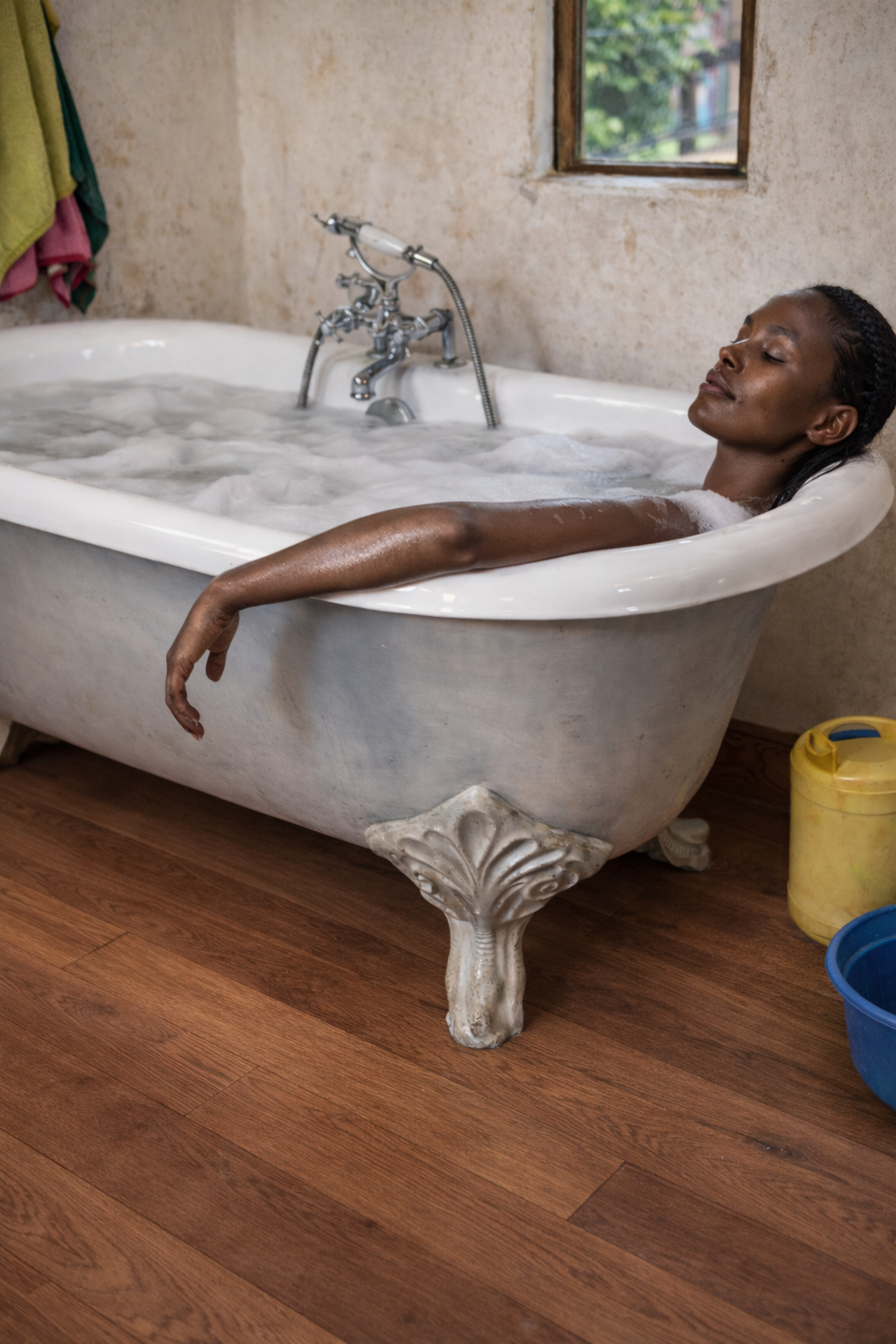 Waterproof engineered wood flooring in bathroom - suitable for wet areas with protected joints