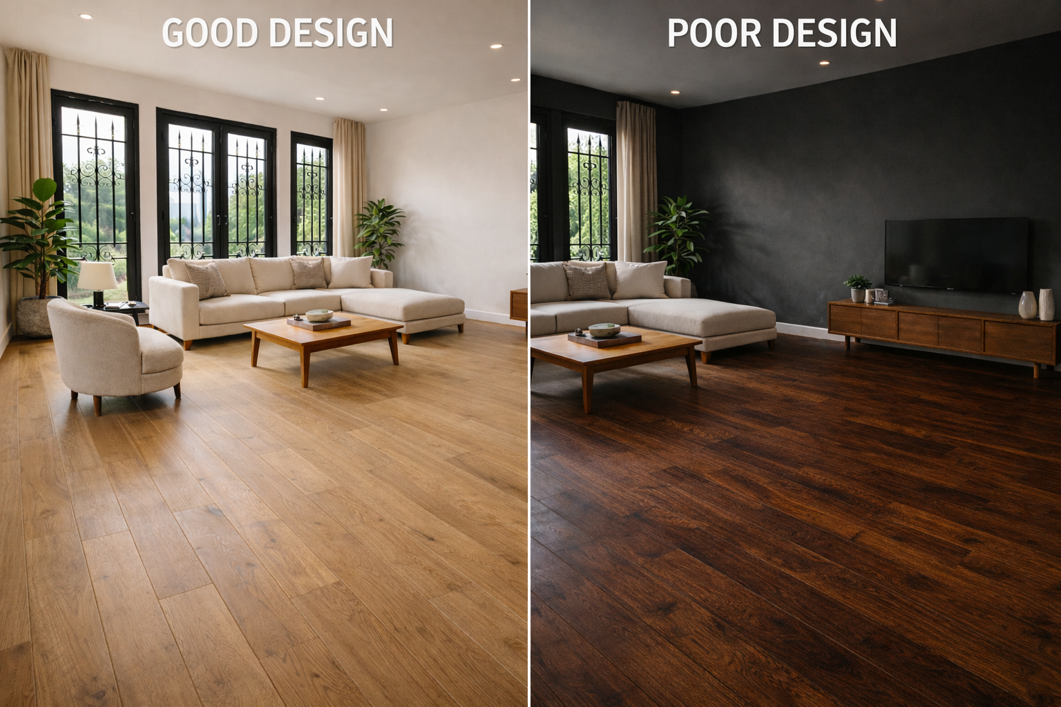 Split-screen comparison showing balanced contrast versus dark-on-dark flooring and walls in Kenya