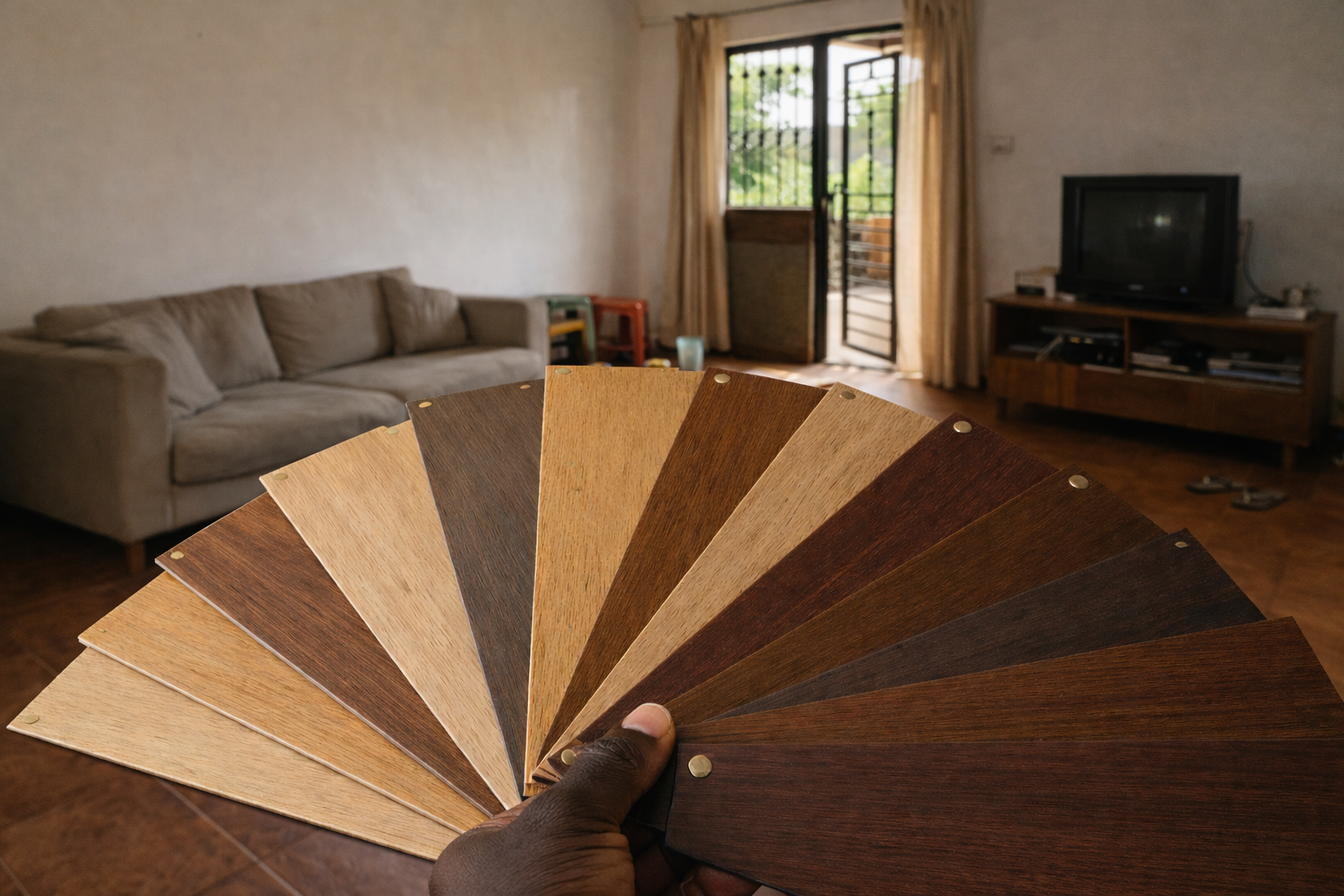 Hand holding colour swatches for home renovation and flooring selection in Kenya