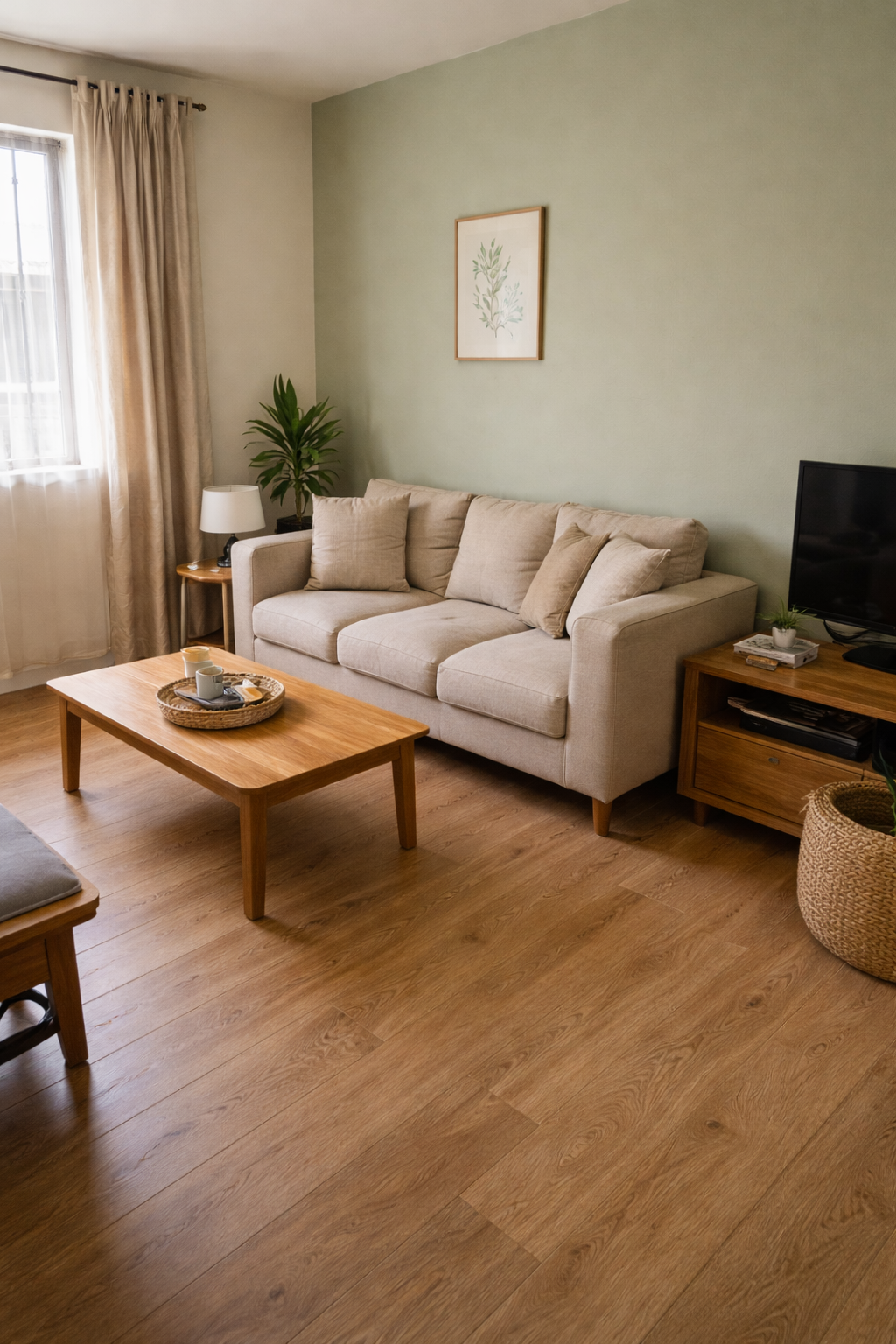 Pastel wall colour in a Kenyan sitting room with oak flooring