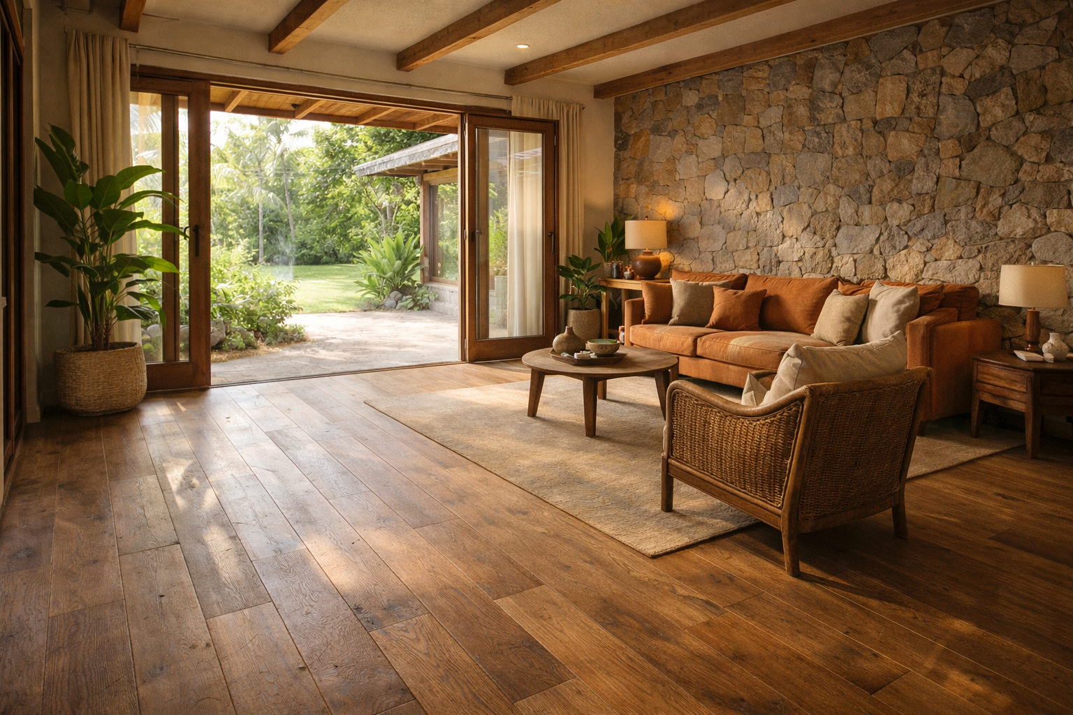 Safari-inspired Kenyan interior with natural wood tones and warm flooring