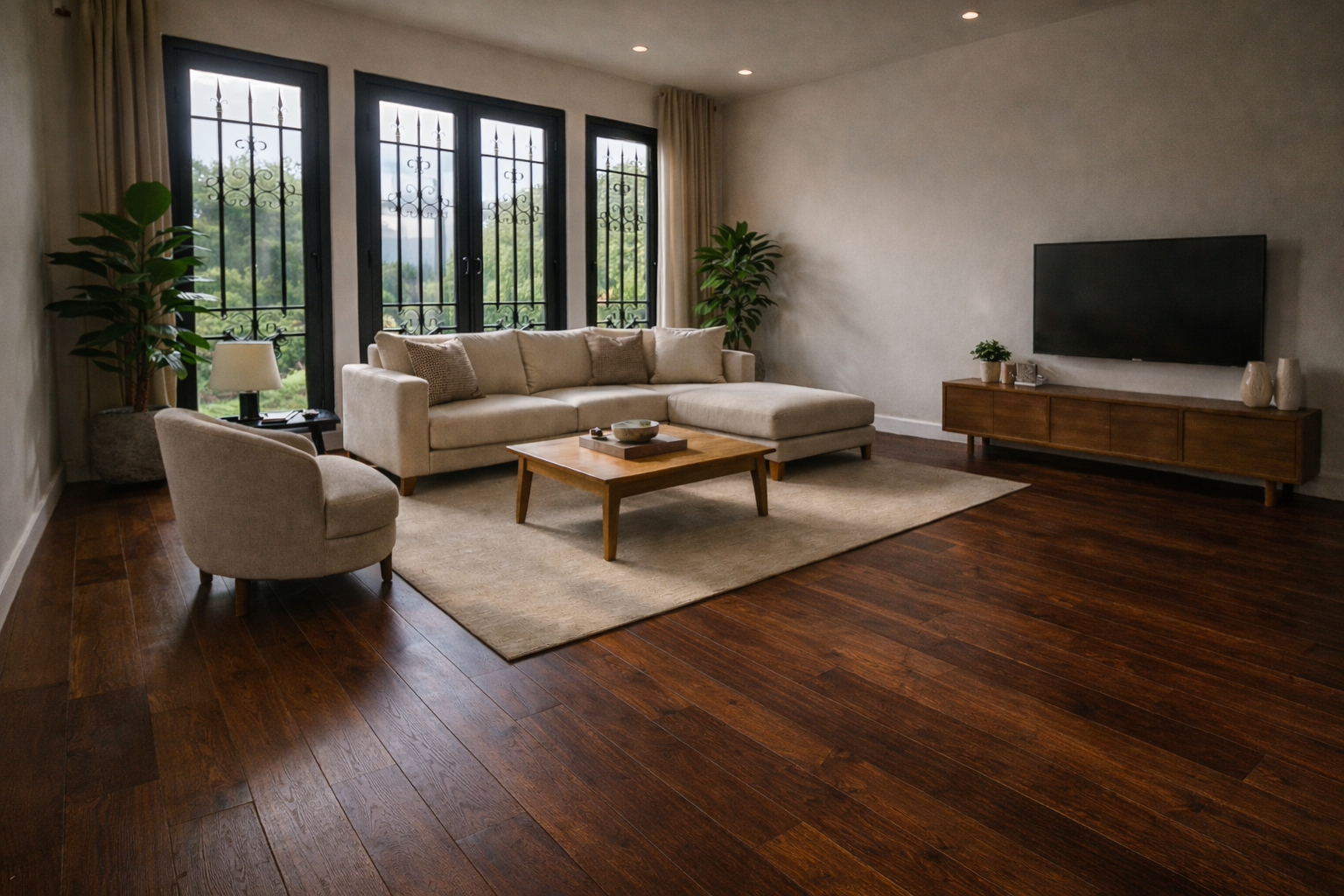 Dark flooring with white walls creating strong contrast in a modern interior
