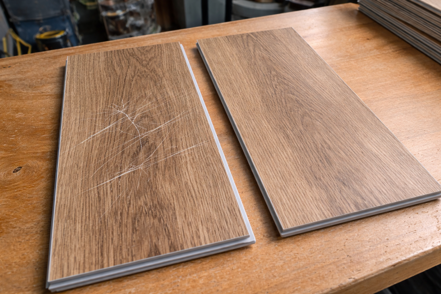 Scratch resistance test comparison: poor scratch resistance vs good scratch resistance on flooring