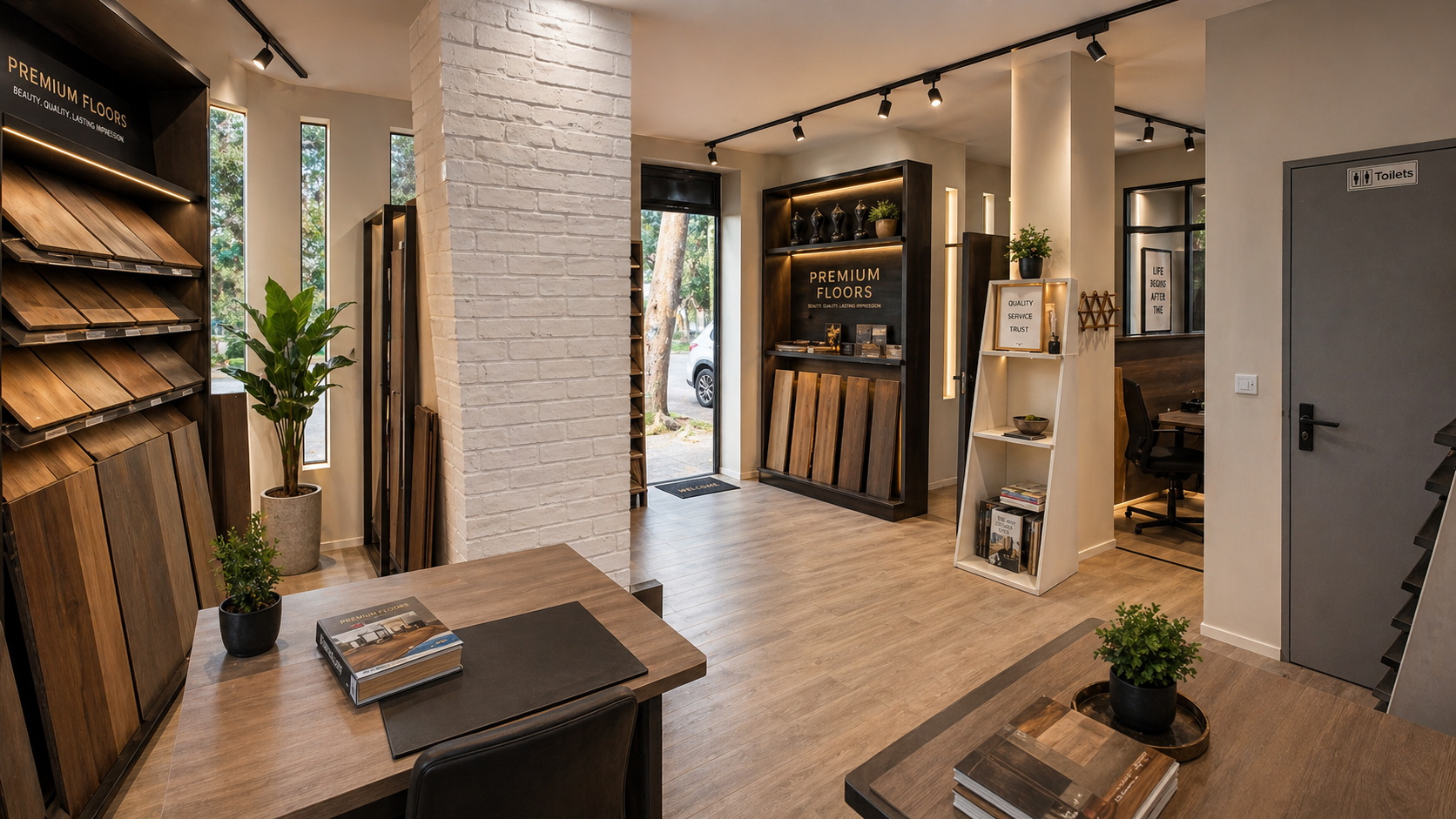 Decomagna Karen flooring showroom after upgrade view towards exit door