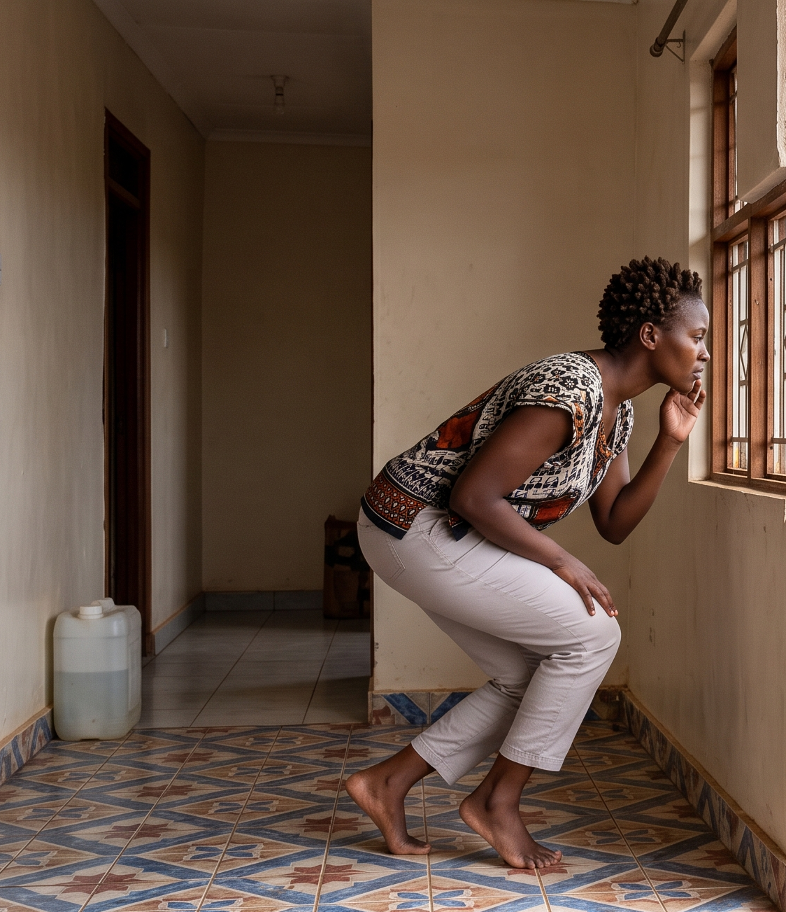 A woman in a cold tiled home looking outside at a neighbor with cozy wooden floors