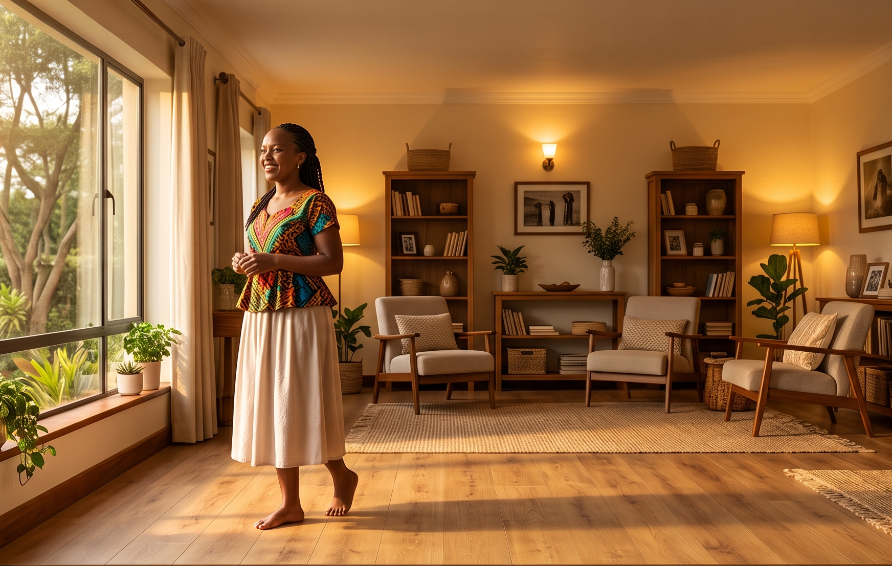 A happy woman relaxing comfortably in a warm living room with Decomagna laminate wood floors