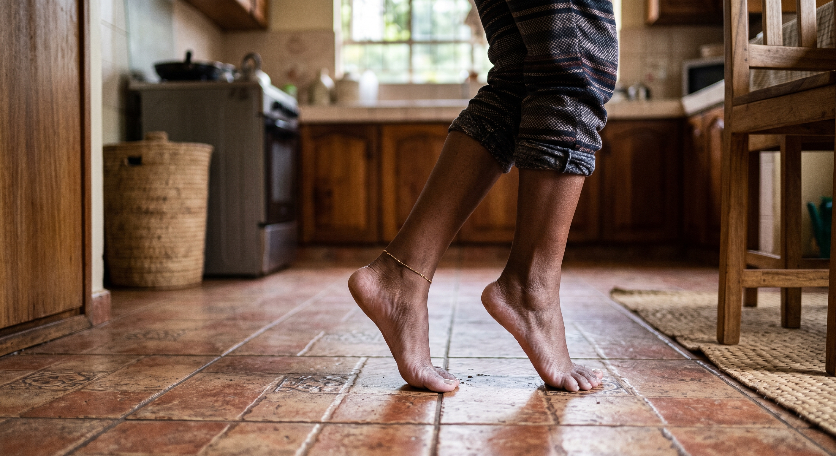 Person experiencing freezing cold ceramic tiles underfoot during cold weather in Kenya