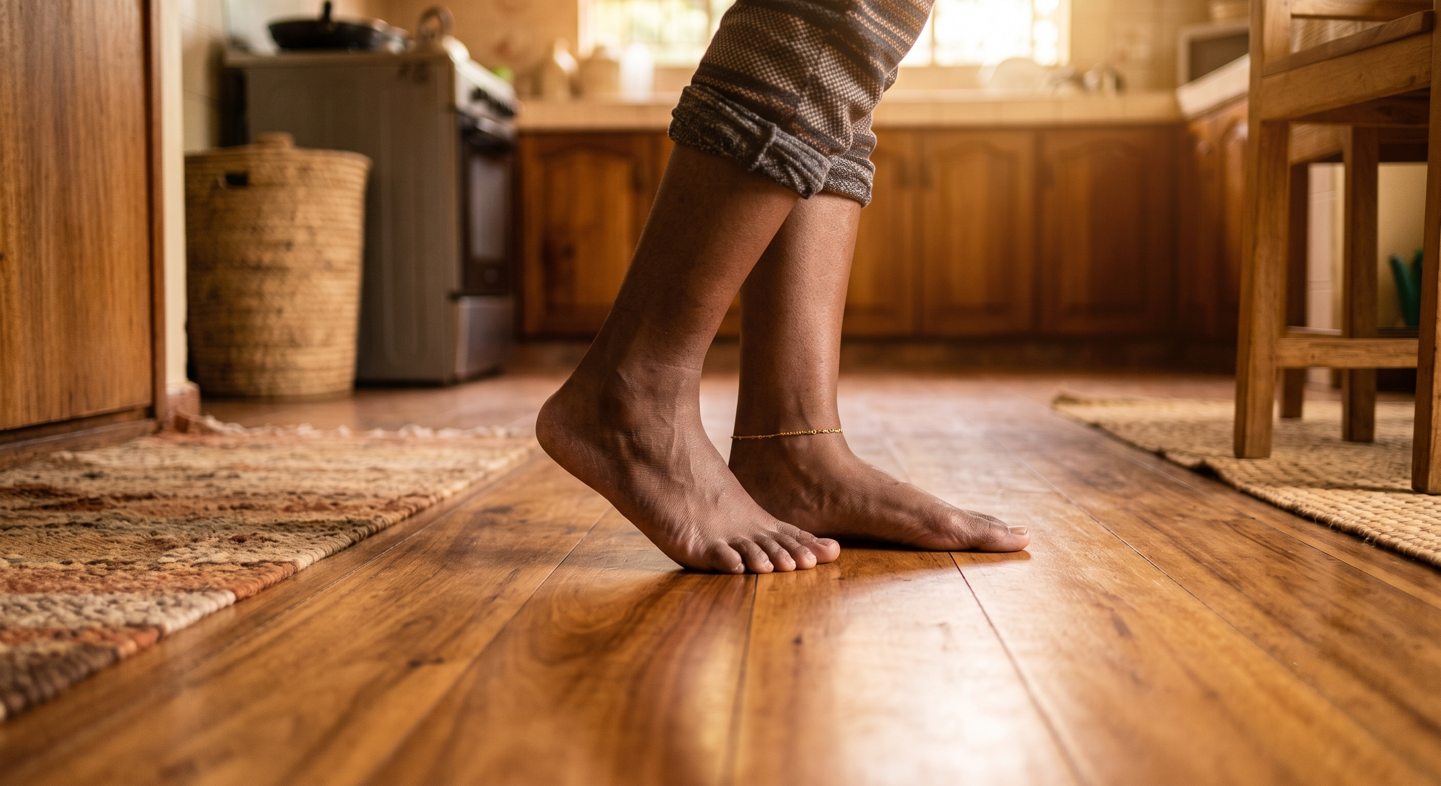 Bare feet enjoying warm and cozy laminate wood flooring in a Kenyan living room