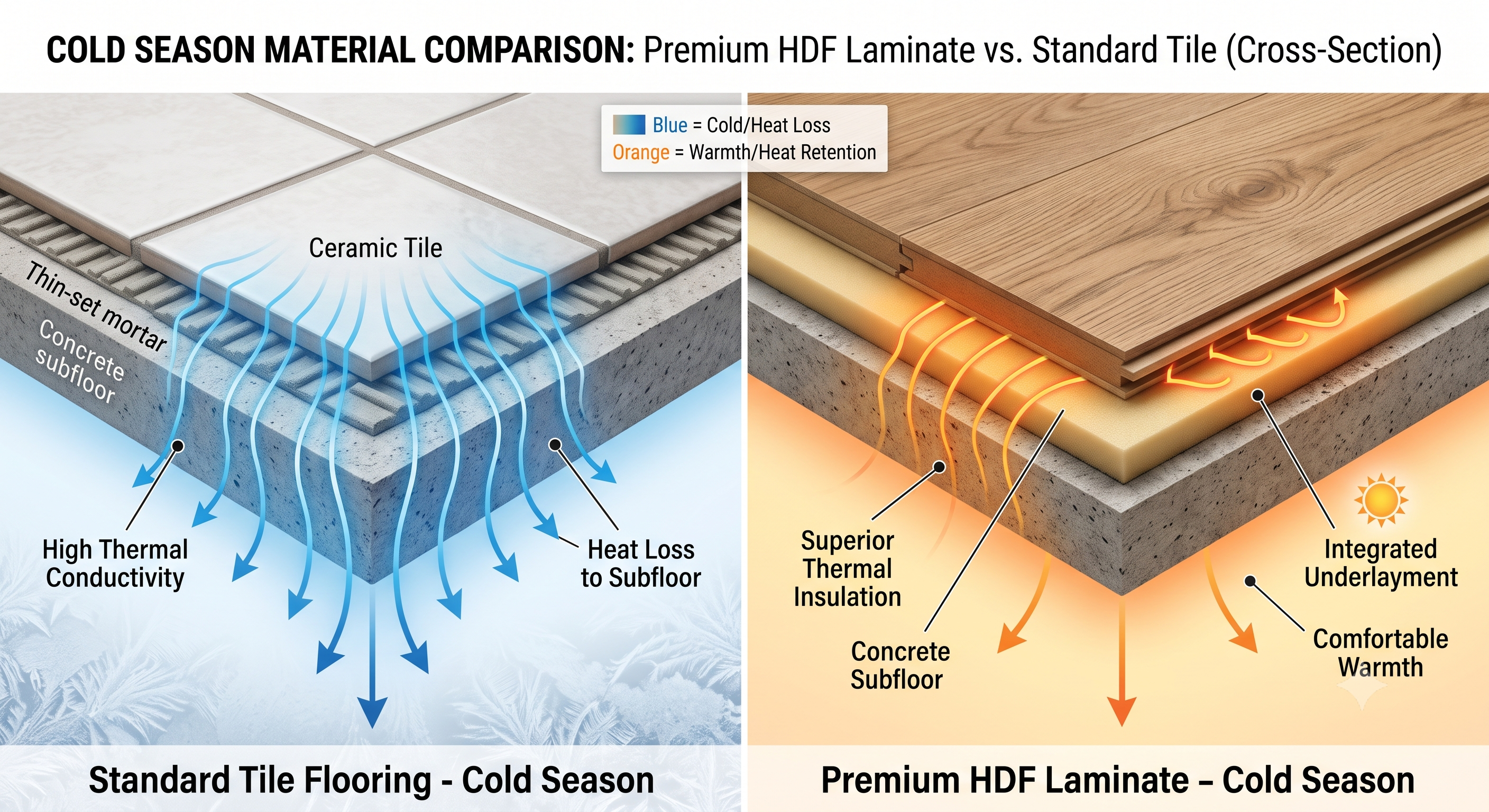 Direct side by side comparison table between cold tiles and warm laminate wood floors