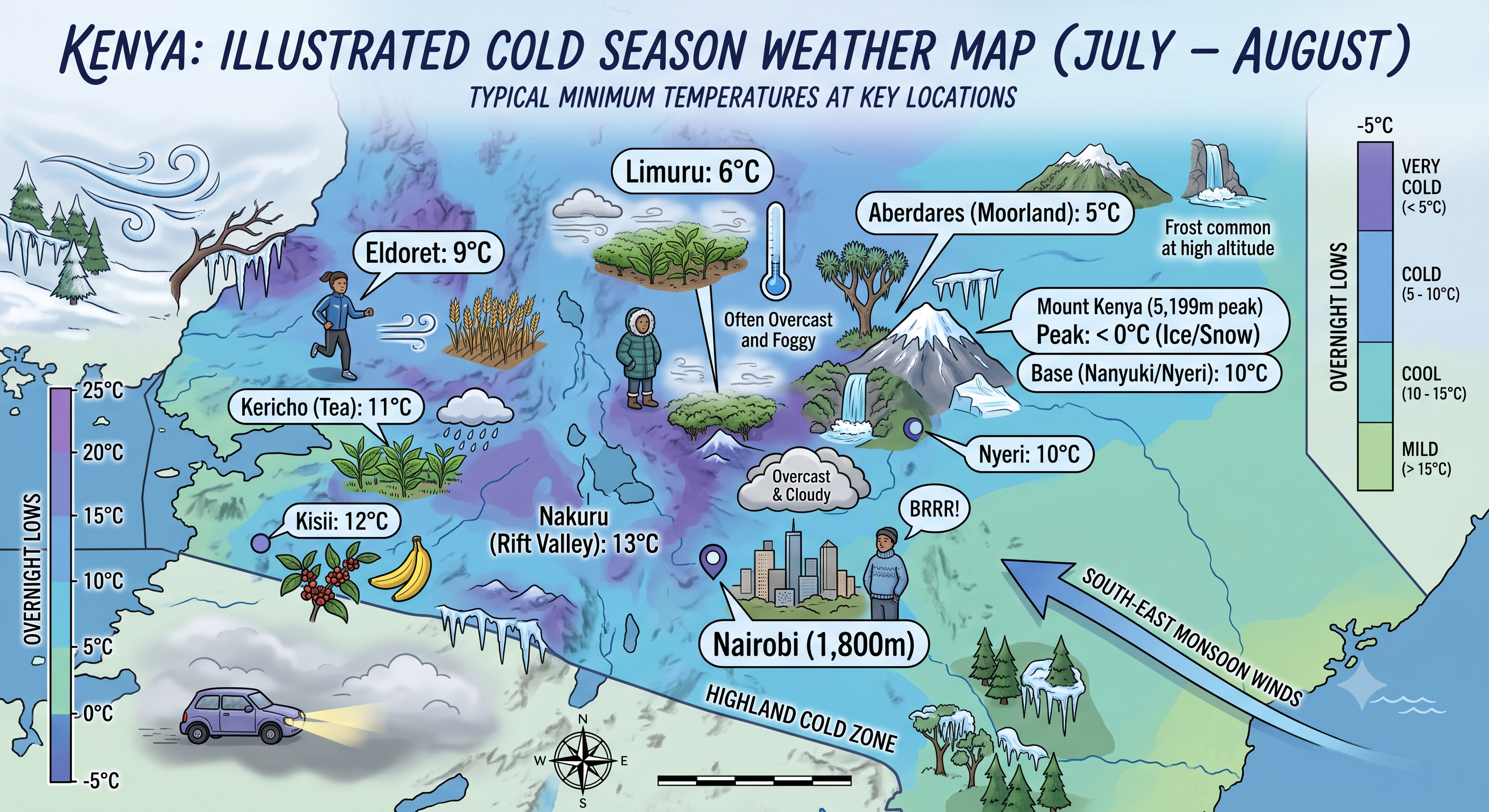 Temperature map of Kenya showing cold regions like Nairobi, Tigoni, Limuru, and Rift Valley