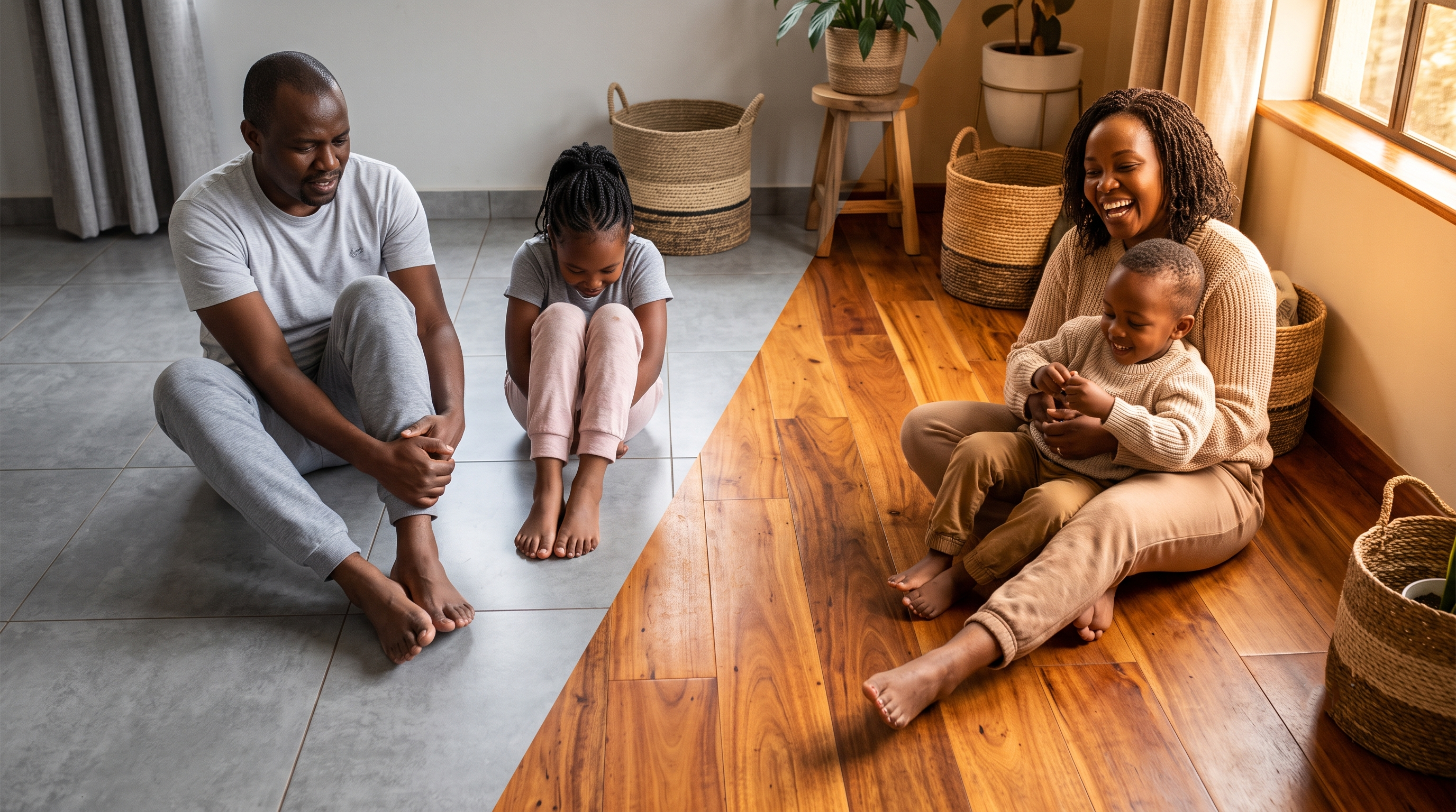 Comparison between cold ceramic tiles and warm laminate wooden flooring in Kenya home by Decomagna