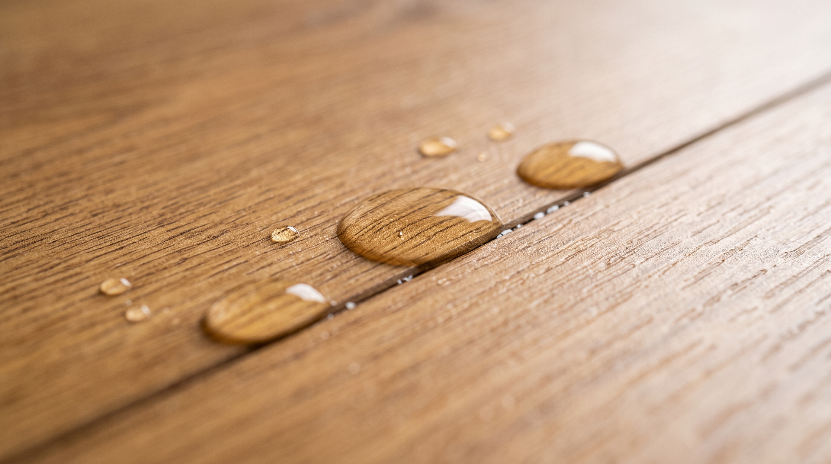 Water droplets pooling on Quick-Step HydroSeal water resistant laminate floor plank