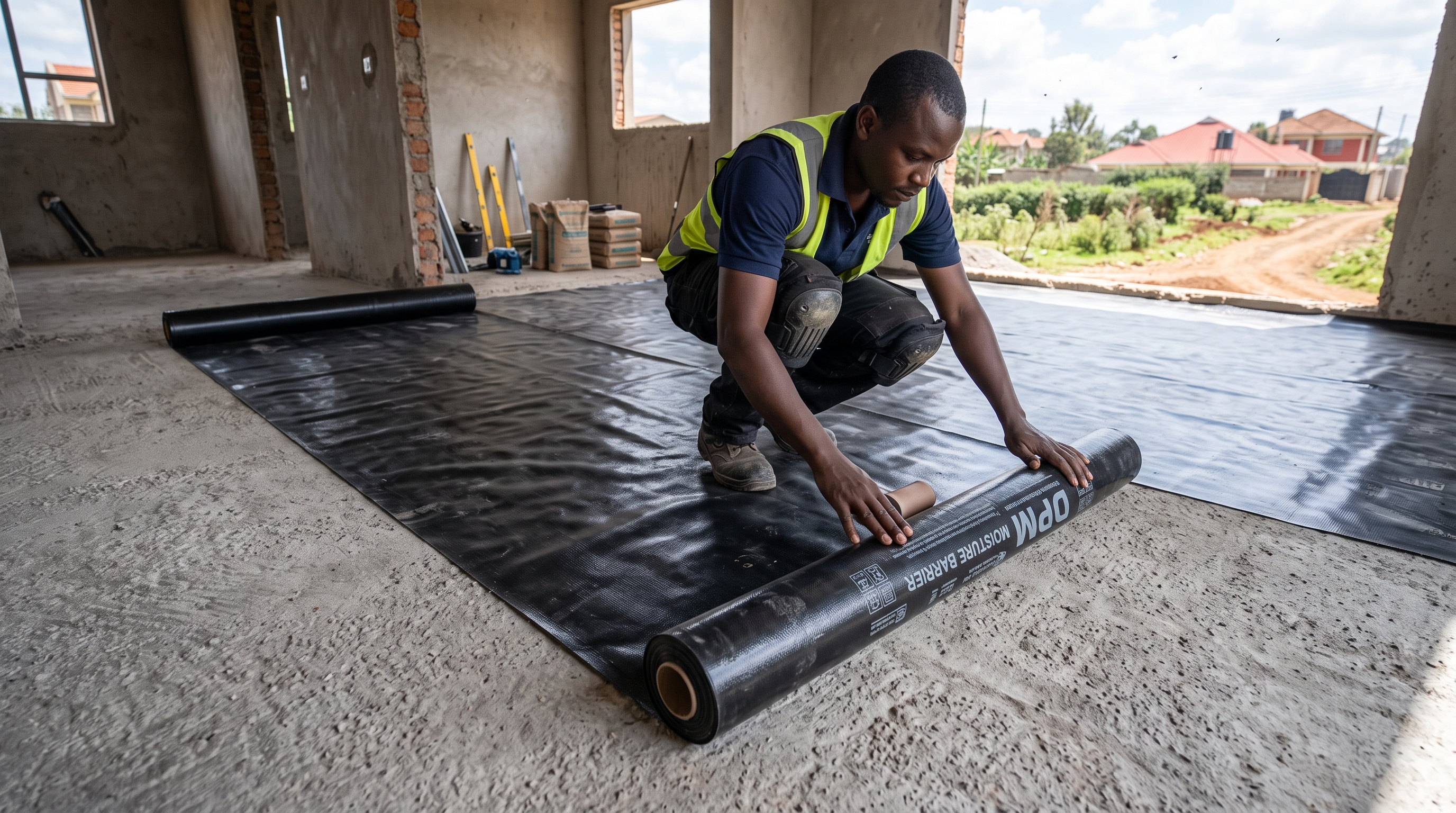 Installing damp proof membrane moisture barrier on concrete subfloor in Kenya