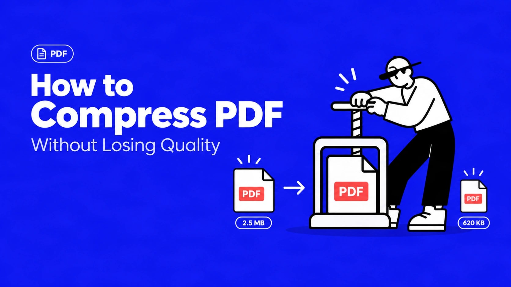 Illustration showing a large PDF file being compressed into a smaller size while text and images stay clear
