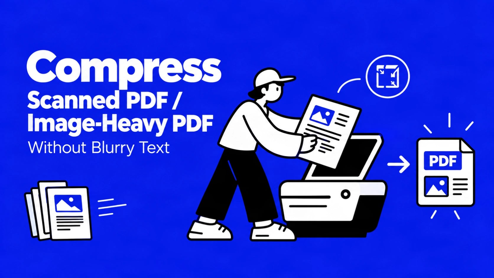 Side-by-side comparison of a large scanned PDF page and the same page after careful compression, with clear readable text