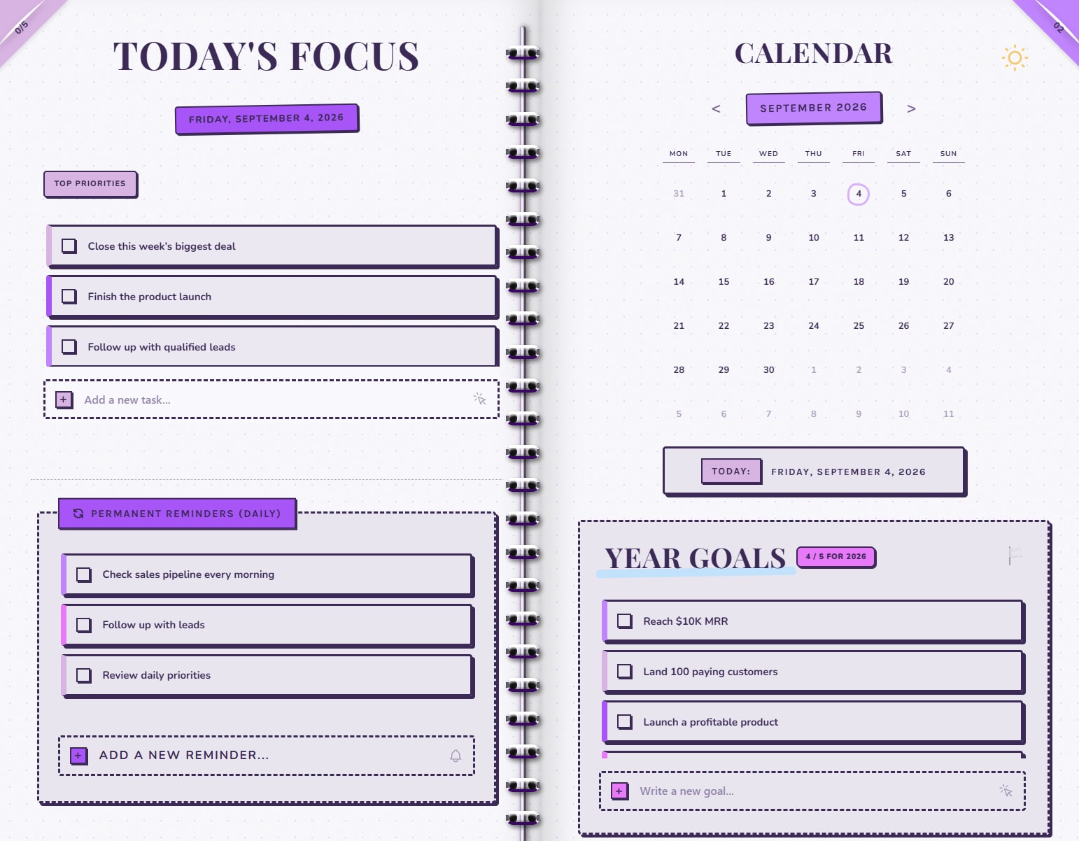 Todoal simple to-do list and daily task planner dashboard showing daily priorities, habit tracking, and yearly goals