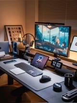 A desk filled with numerous computer monitors | Phòng game, Thiết kế, Nhà cửa