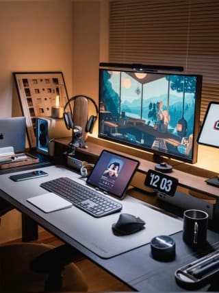 A desk filled with numerous computer monitors | Phòng game, Thiết kế, Nhà cửa