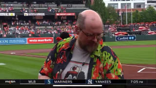 Dan Deacon performs a rendition of the 'Star Spangled Banner' at a Baltimore Orioles game, July 2025.
