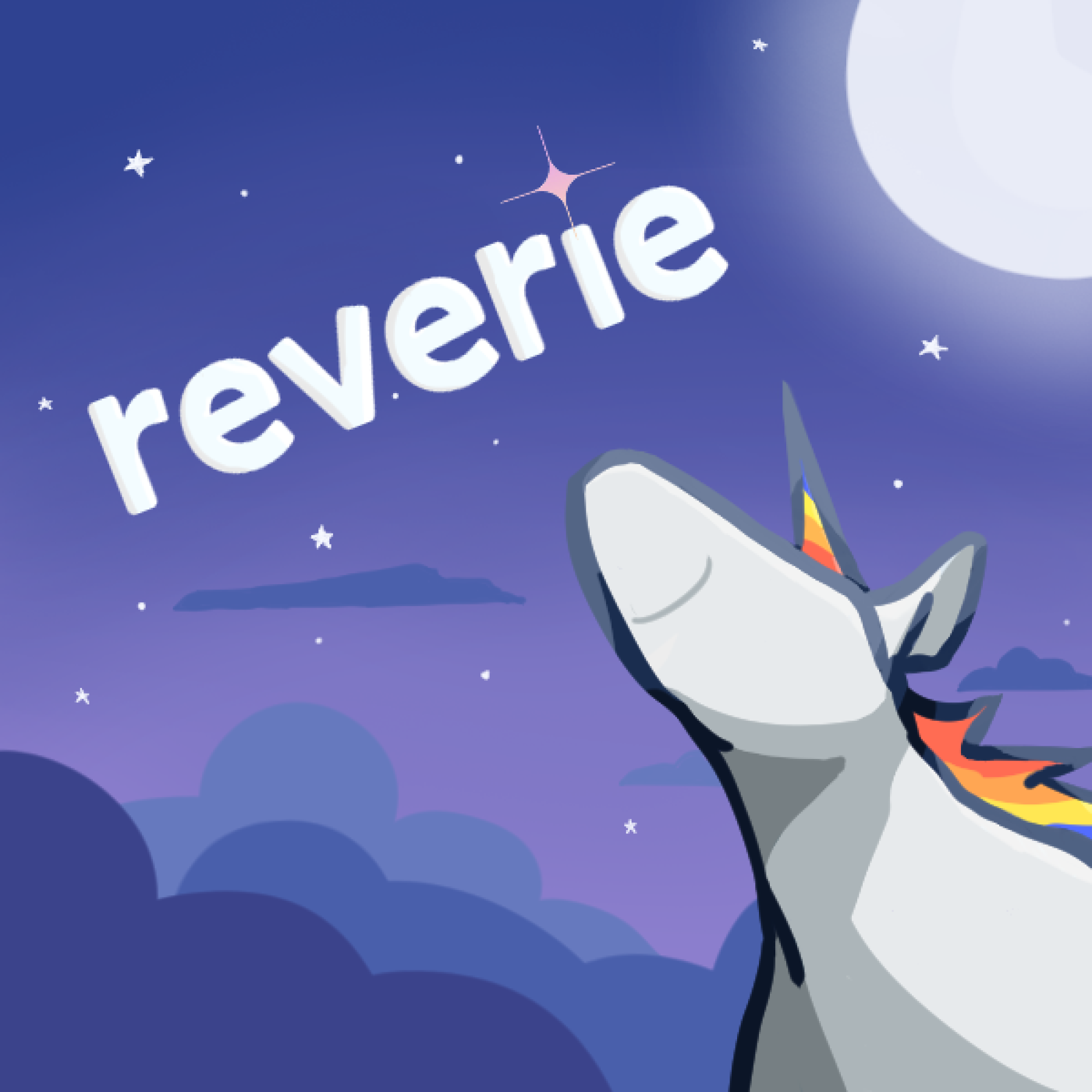 Logo featuring the word "reverie" and a hand-drawn unicorn looking towards the top-left of a purple sky.