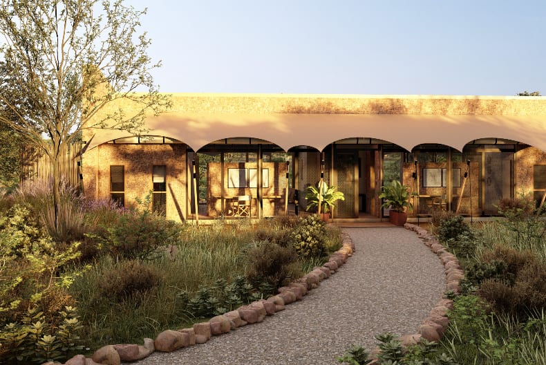 a stone walkway leading to a building