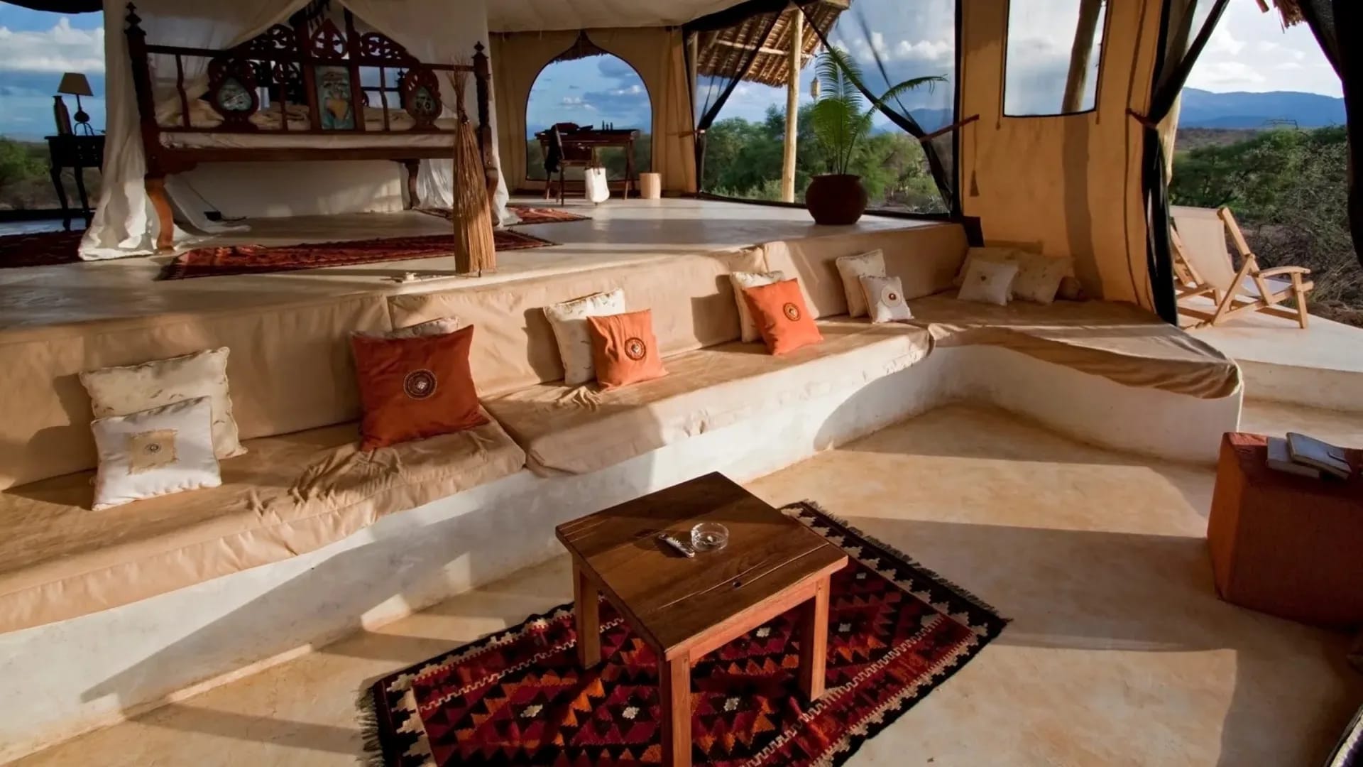 a room with a large couch and a table