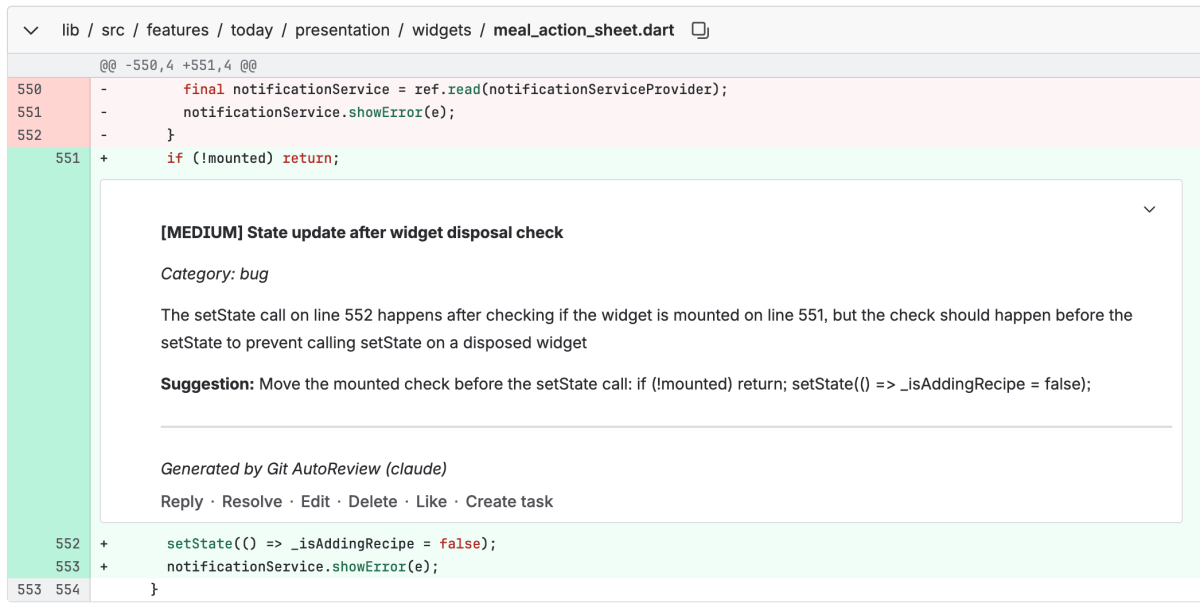 Git AutoReview comment on a Bitbucket pull request showing a security finding with suggestion