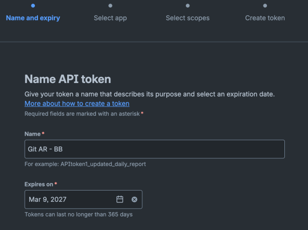 Bitbucket API token creation — step 1: name and expiry date