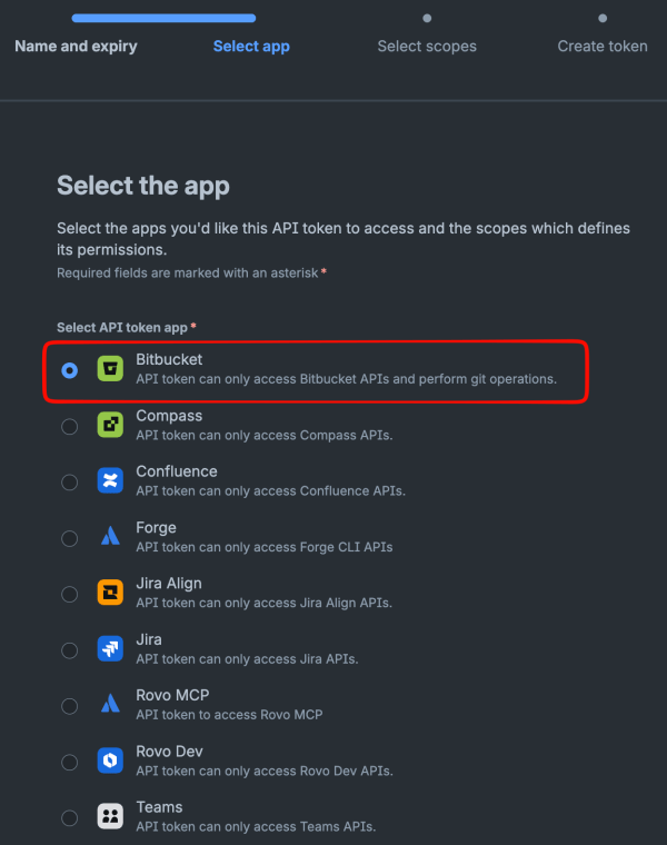 Bitbucket API token creation — step 2: select Bitbucket app