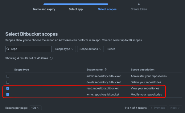 Bitbucket API token creation — step 3: select repository read and write scopes