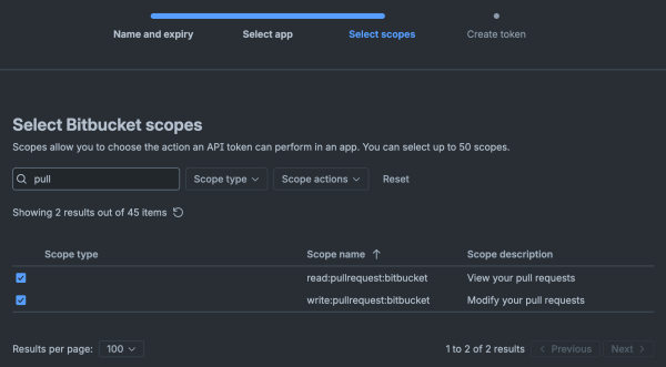 Bitbucket API token creation — step 4: select pull request read and write scopes