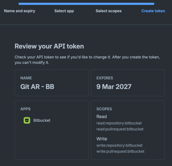 Bitbucket API token creation — step 5: review scopes and create token