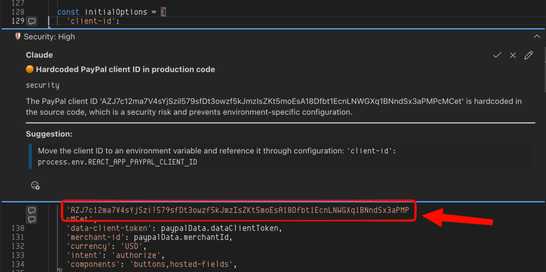 Inline security annotations in VS Code editor showing vulnerability pinned to exact code line with approve and reject actions