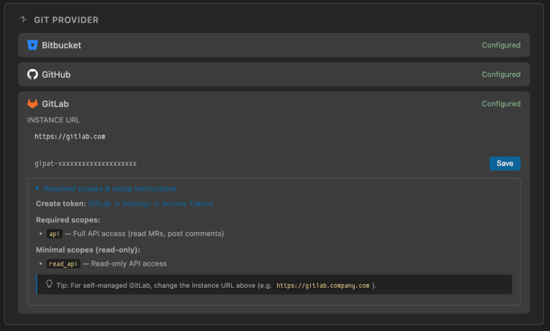 GitLab setup guide in VS Code showing required scopes and self-managed instance configuration