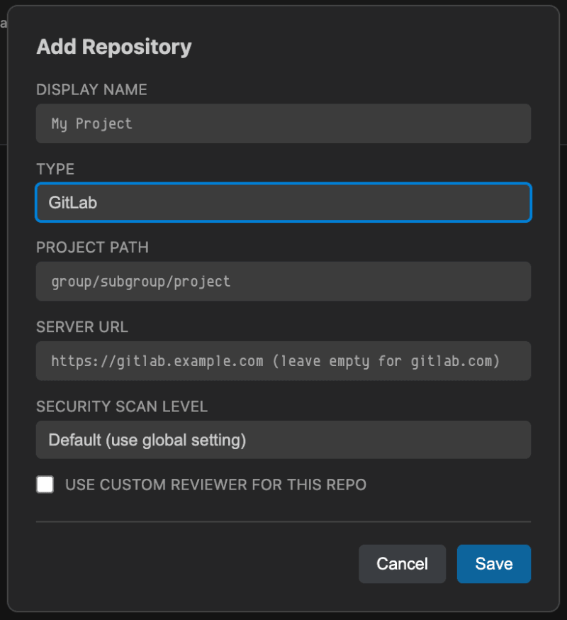 Per-repository configuration showing GitLab project path, server URL, and security scan level settings