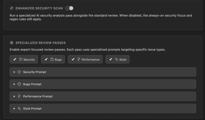 Specialized review passes settings showing Security, Bugs, Performance, Style toggles