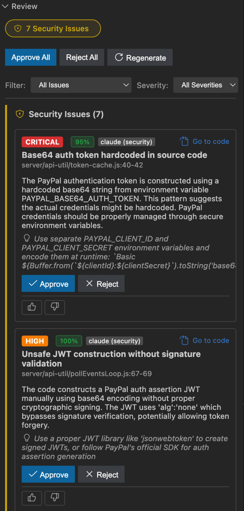 Git AutoReview security scanning results showing hardcoded secrets, SQL injection, and XSS detections with severity scores