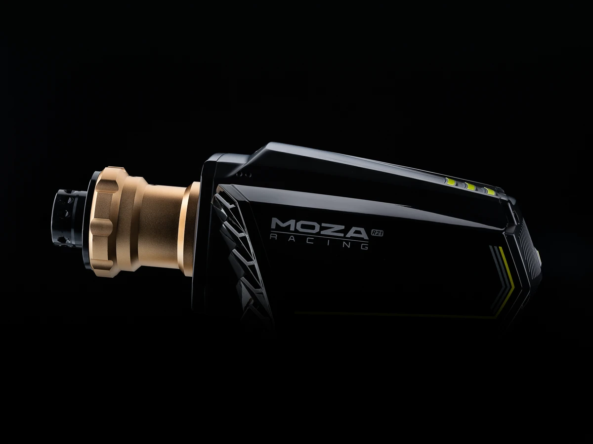 Moza sim racing wheel on a dark background with slight reflection