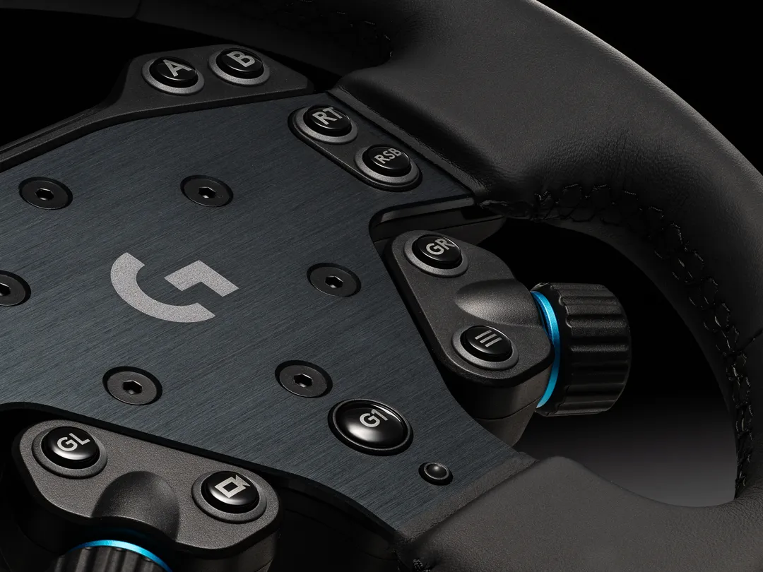 Close up of Logitech RS50 sim racing wheel with a dark background