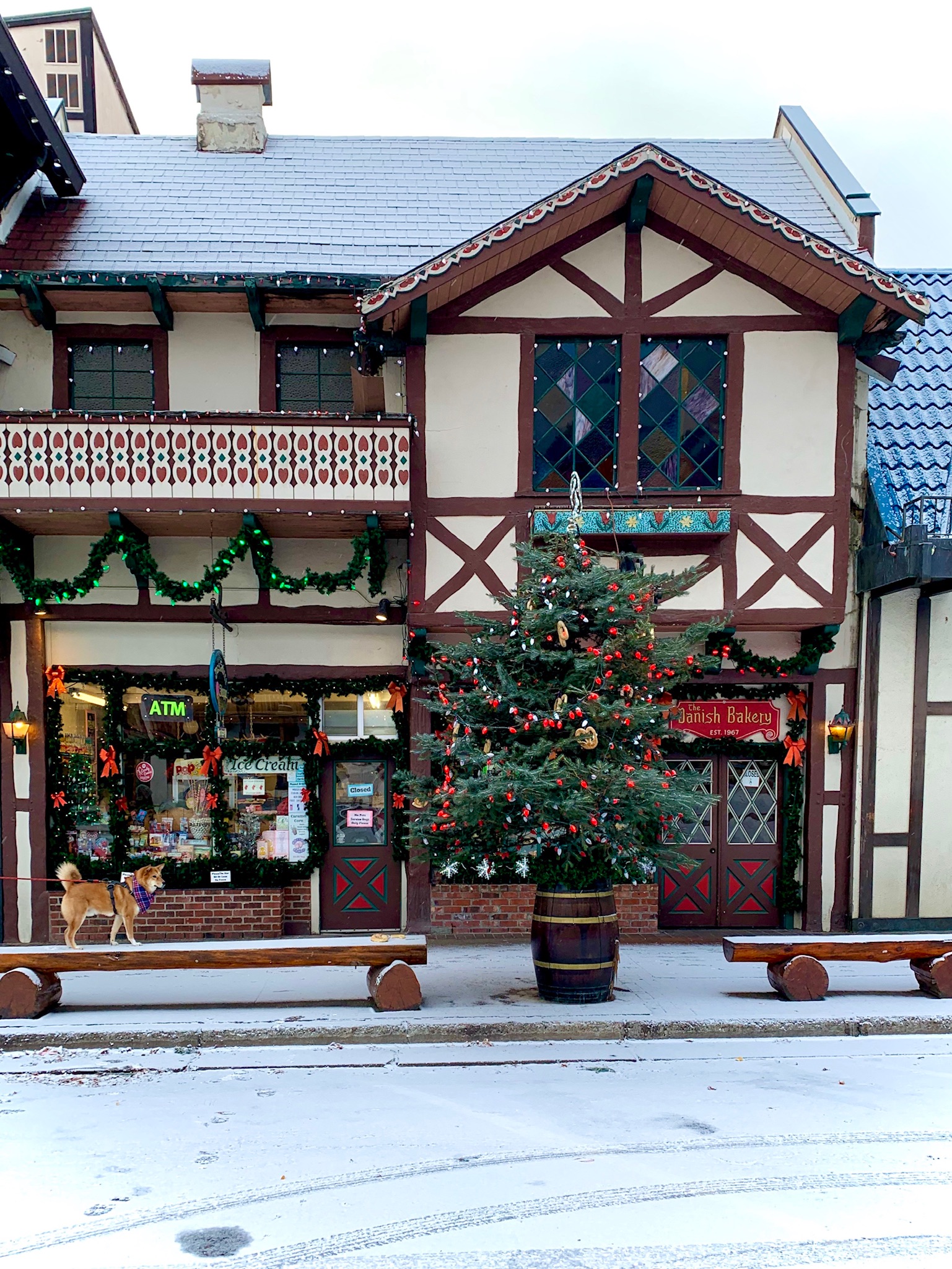 Markus in a quiet morning in Leavenworth in front of the Danish Bakery and a pretzel-filled tree