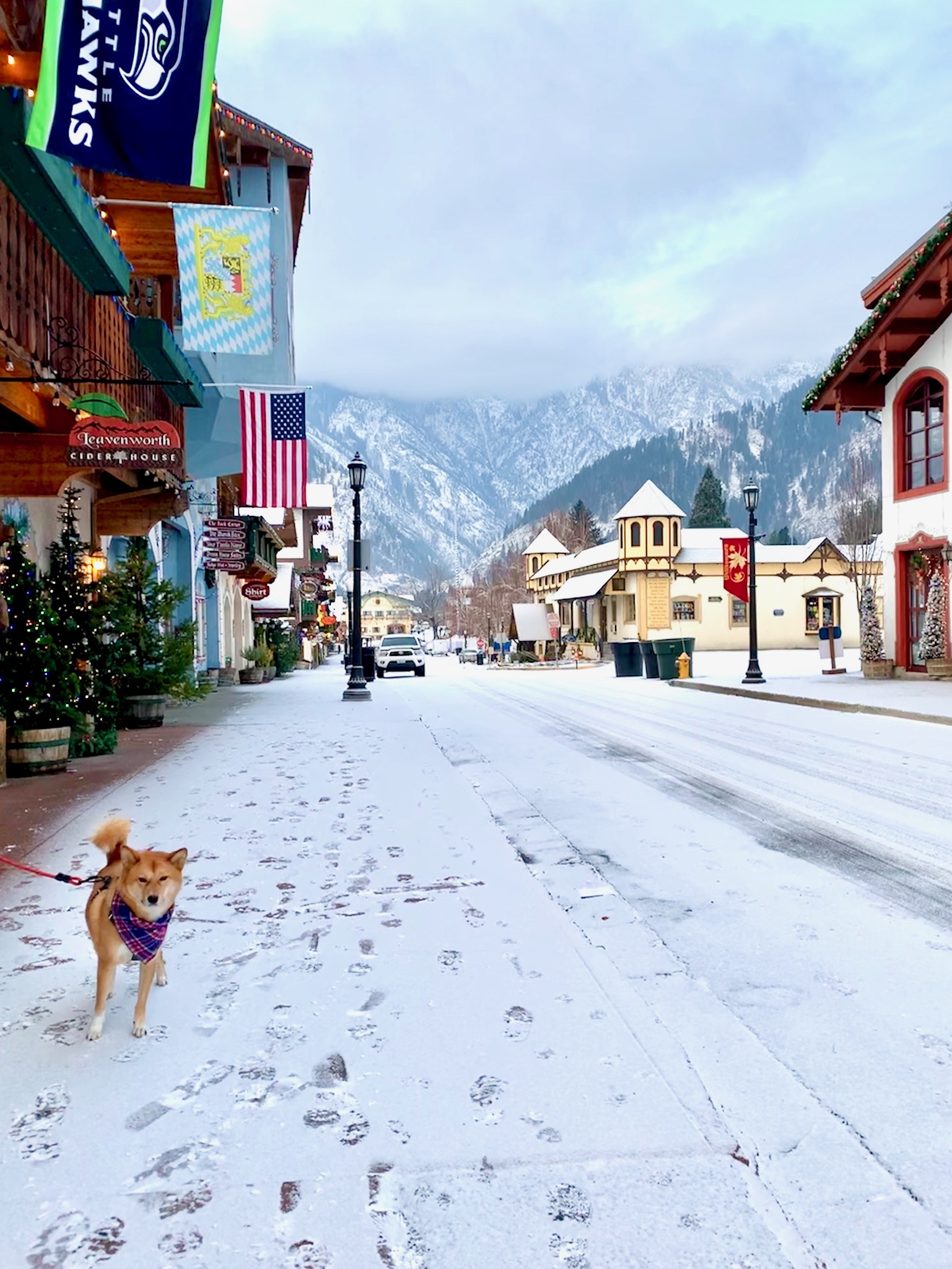 Markus standing on the snow-dusted the streets of  Leavenworth , Washington