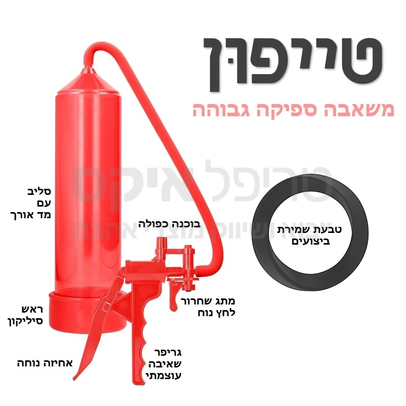 טייפון - מיועדת לזיקפה, הגדלה ועיבוי של איבר הגבר. ידית שאיבה בעלת אפקט חזק ועובדת על עיקרון וואקום אחיד, רציף, חזק ביותר-למראה איבר טבעי ואחיד. למוצר סליב סיליקון גמיש עם בליטות אשר תפקידן "לאחוז" למעשה את האיבר בכל אורכו, ובכך לגרום לזיקפה להיות אחידה ובעלת מראה טבעי. וזאת לעומת משאבות אחרות, (משאבות הגדלה אשר בטעות משווקות בחנויות כמשאבות לזיקפה) ש"מנפחות" את האיבר בחלקו העליון בלבד וגורמות לו להיראות לא טבעי (ומזכיר בצורתו בלון) למשאבה בסיס סיליקון צורני גמיש להתאמה טובה לכל גודל איבר וגם טבעת ספירלית לשמירה על ההישגים ומניעת נפילת האיבר. למוצר ידית פמפום איכותית עשוייה גומי-סיליקון כמו כן, בידית המשאבה, ממוקם כפתור לשחרור מהיר. שימו לב: למוצר זה חיקויים רבים! חיקויים אלה, הנם באיכות ירודה ואינם ממלאים את מטרתם המקורית-זיקפה קשיחה ולא הגדלת ועיבוי האיבר בלבד