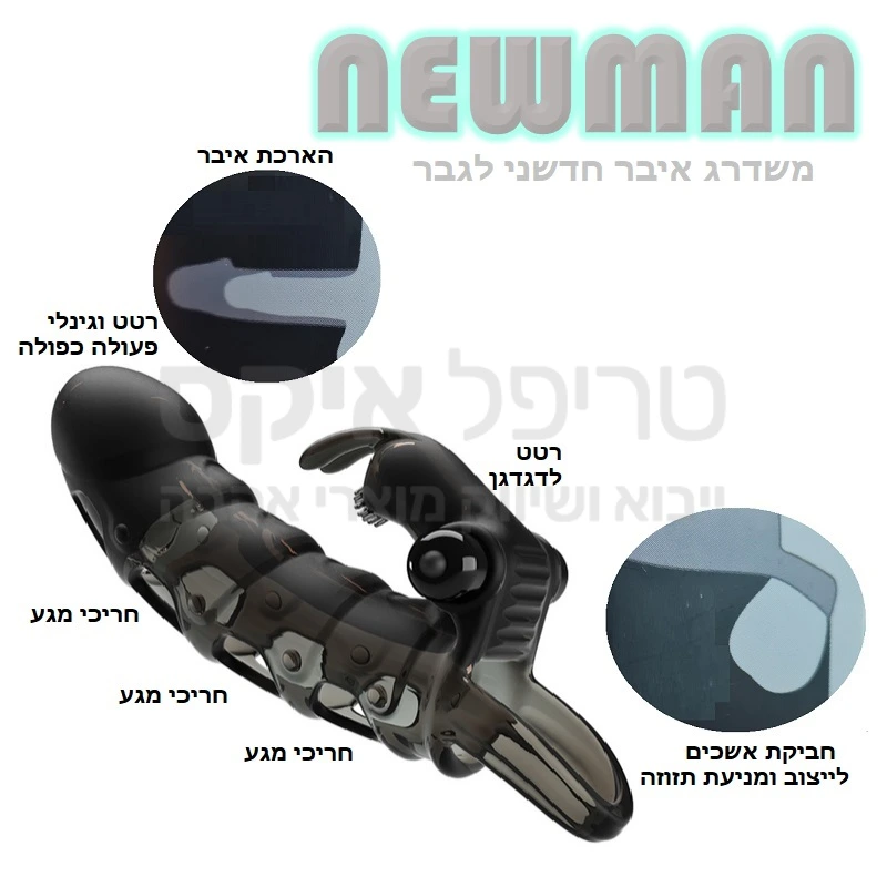ניומן - משדרג איבר חדשני לגבר - גירוי דגדגני - גירוי פנימי - חרירי מגע - סיוע לזקפה! ניומן הנו שרוול חדשני לגבר עשוי סיליקון בעיצוב תומך זקפה כולל חביקת אשכים למניעת תזוזה גם כאשר הזקפה רכה. מאריך מעט את האיבר משולב שפן רטט לגירוי דגדגן. 
