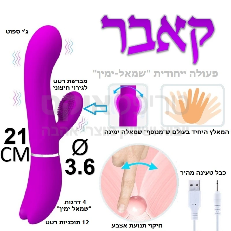 קאבר - צעצוע חדש עם פעולה ייחודית! ויברטור משולב לגירוי פנימי וחיצוני עם אקסטרה גירוי ביחידת הדגדגן: תנועה ימינה שמאלה - כזה דבר עוד לא היה!! חיקוי טוב לתנועת אצבע, בשילוב רטט במגוון תוכניות ועוצמות לבחירה, אפשרות הפעלה לכל יחידה בנפרד. 