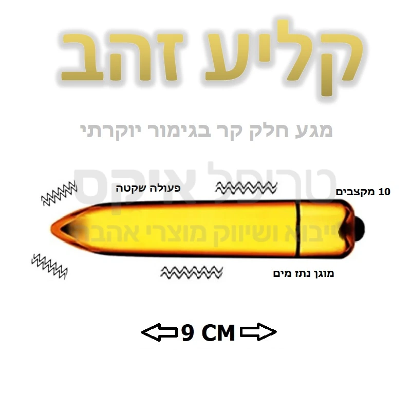 ויברטור ותיק מאוד ומוכר עכשיו בגרסה עדכנית בציפוי מתכת זהובה. מגע חלק ונעים. 3 מהירויות ו10 מקצבי רטט סך הכל - 1200 סל"ד בעיצוב קומפקטי בעובי אצבע שיהיה קל להסתיר, רטט חזק וחרישי, מוגן נתז מים. מתג הפעלה טאצ' ידידותי. עובד על סוללת AAA. שנה אחריות רק אצלנו!