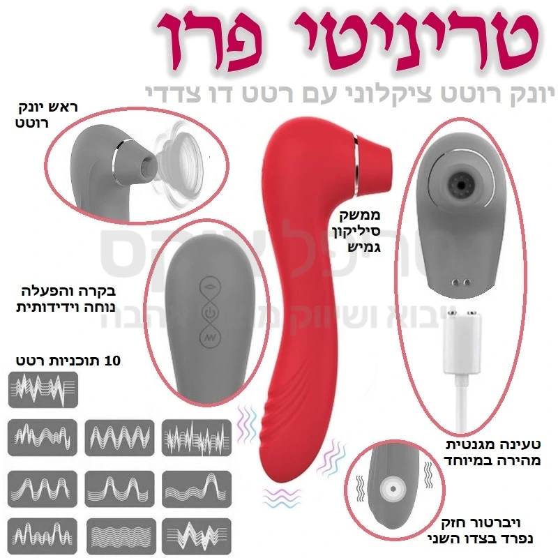 טריניטי פרו - יונק חדשני דו צדדי! גם יניקה, גם רטט - ובצד השני ויברטור חזק הניתן להפעלה בנפרד - 2 מוצרים ב1!
